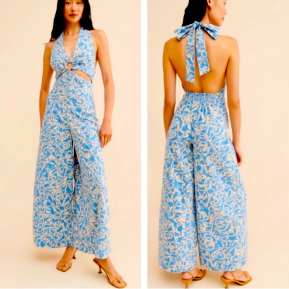 Free People Womens size S Kira Jumpsuit Green Floral Halter Cutout pants onsie